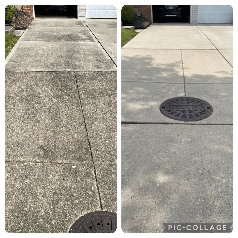 http://Before%20and%20after%20driveway%20pressure%20washing%20showing%20removal%20of%20dirt,%20grime,%20and%20stains%20in%20West%20Chester,%20OH