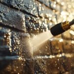 High-pressure washing cleaning dirt and stains from a brick wall in West Chester, OH