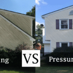 House exterior before and after cleaning — left side shows soft washing, right side shows pressure washing comparison.