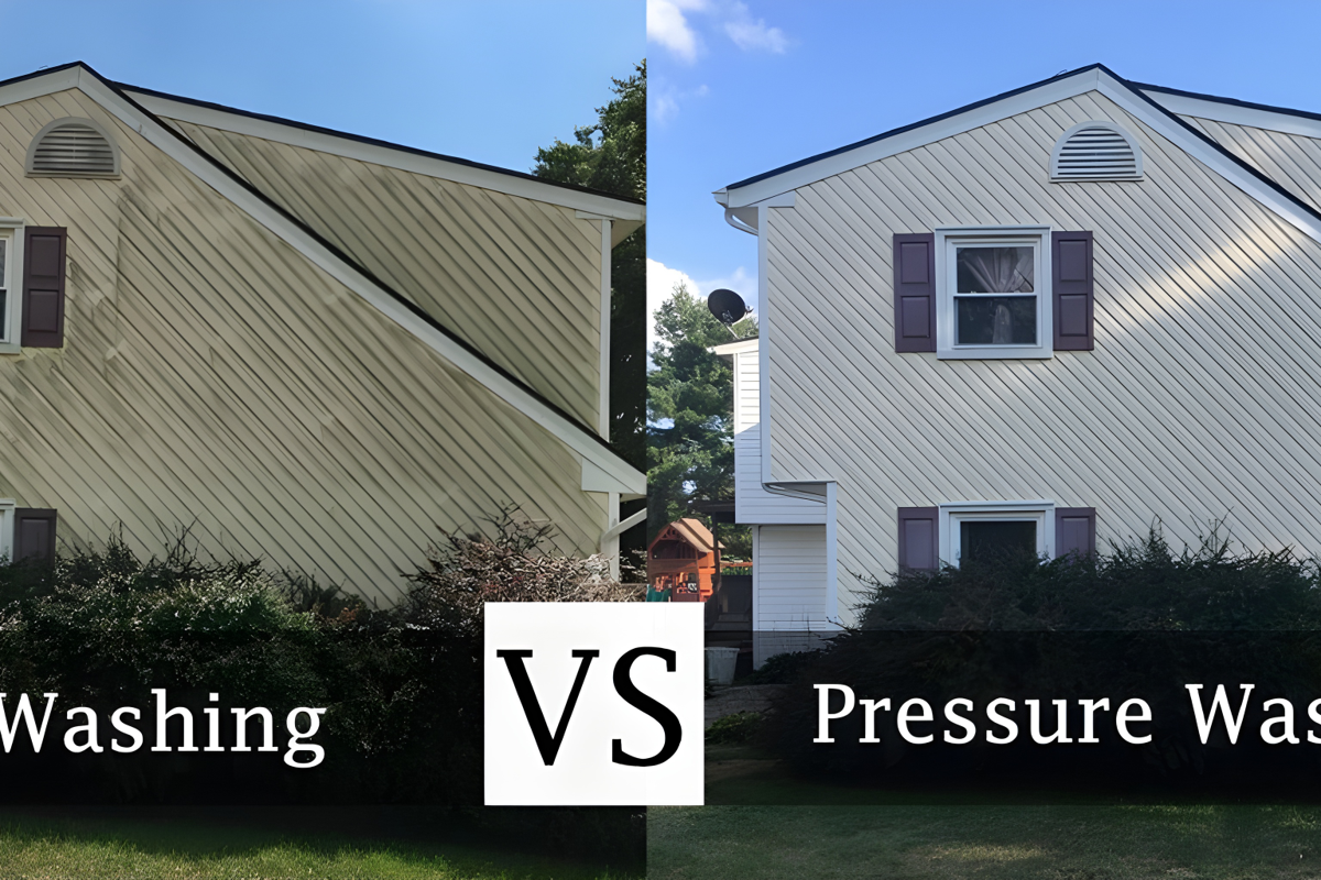 House exterior before and after cleaning — left side shows soft washing, right side shows pressure washing comparison.