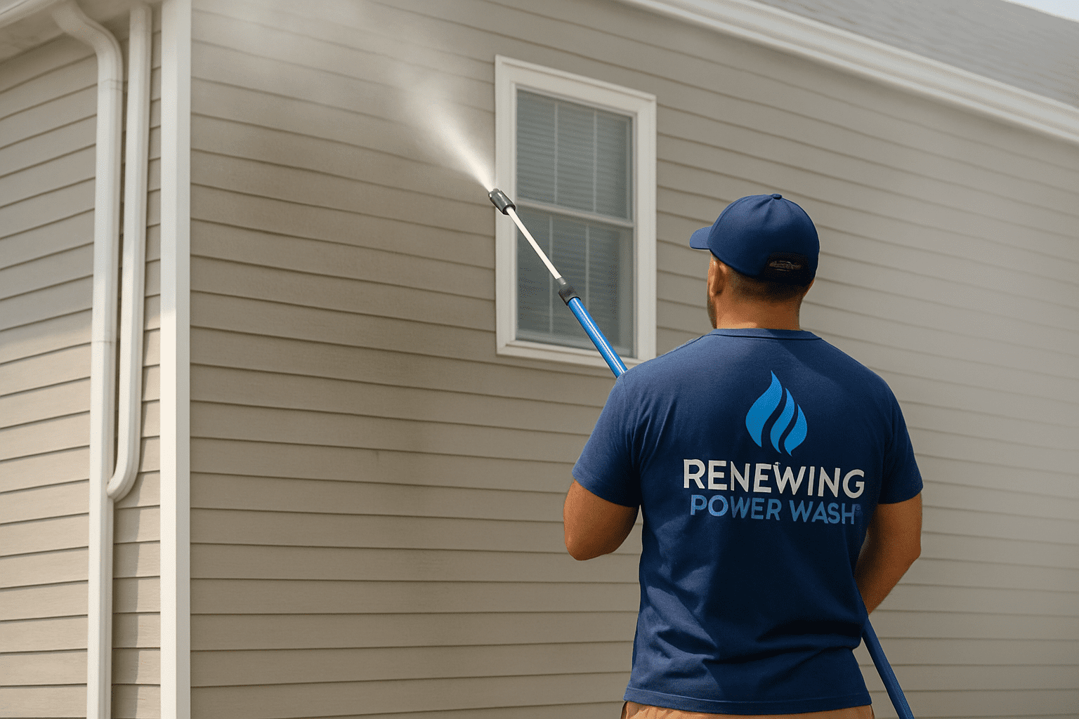 Professional pressure washing technician cleaning a residential house exterior in West Chester, Ohio