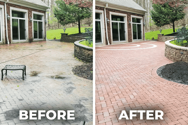 Before and after view of a patio cleaned safely with low-pressure power washing while protecting garden plants