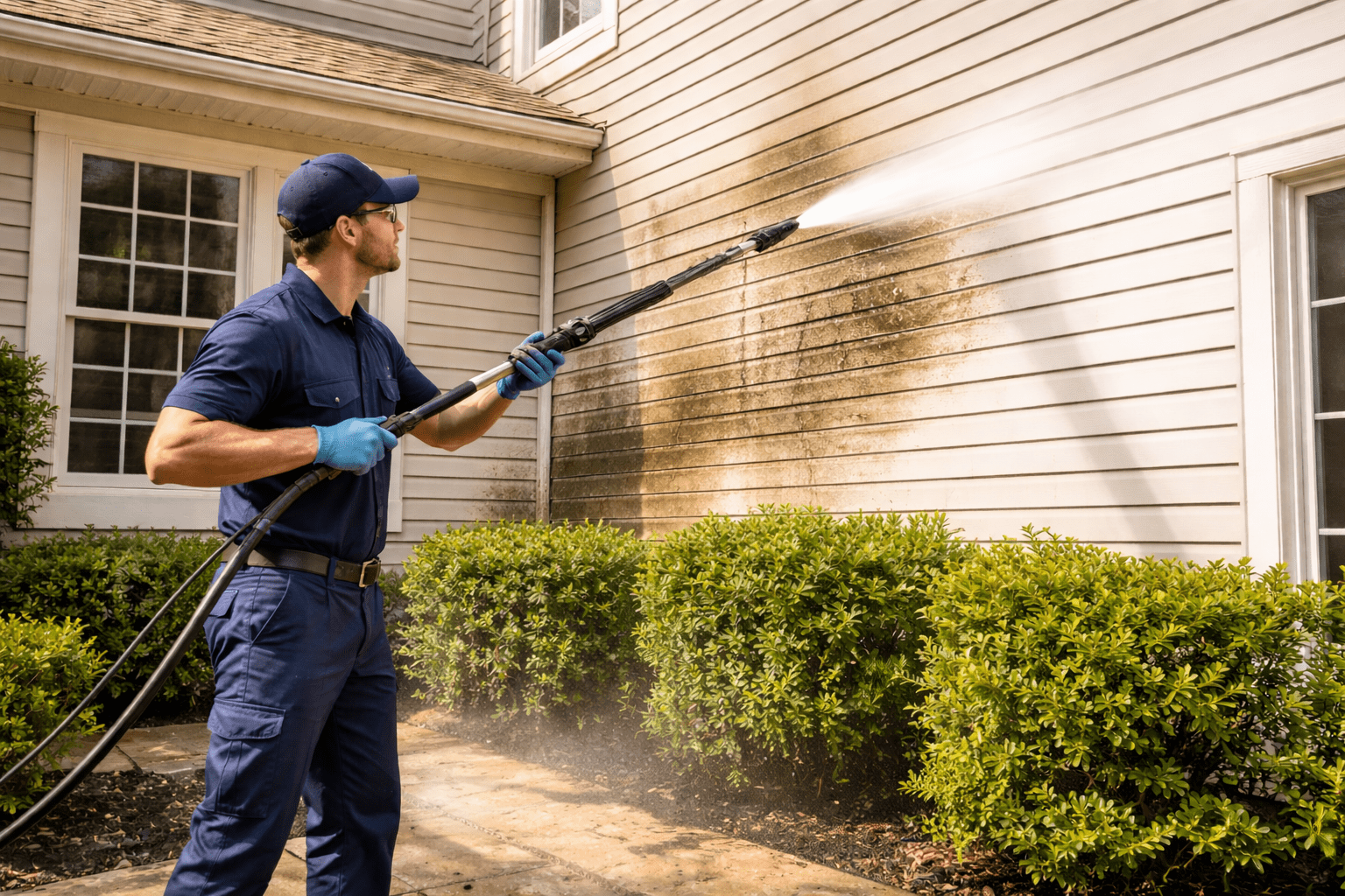 A professional power washing technician gently cleaning a home’s vinyl siding, effectively removing green algae and dirt, with a clean, bright result visible.
