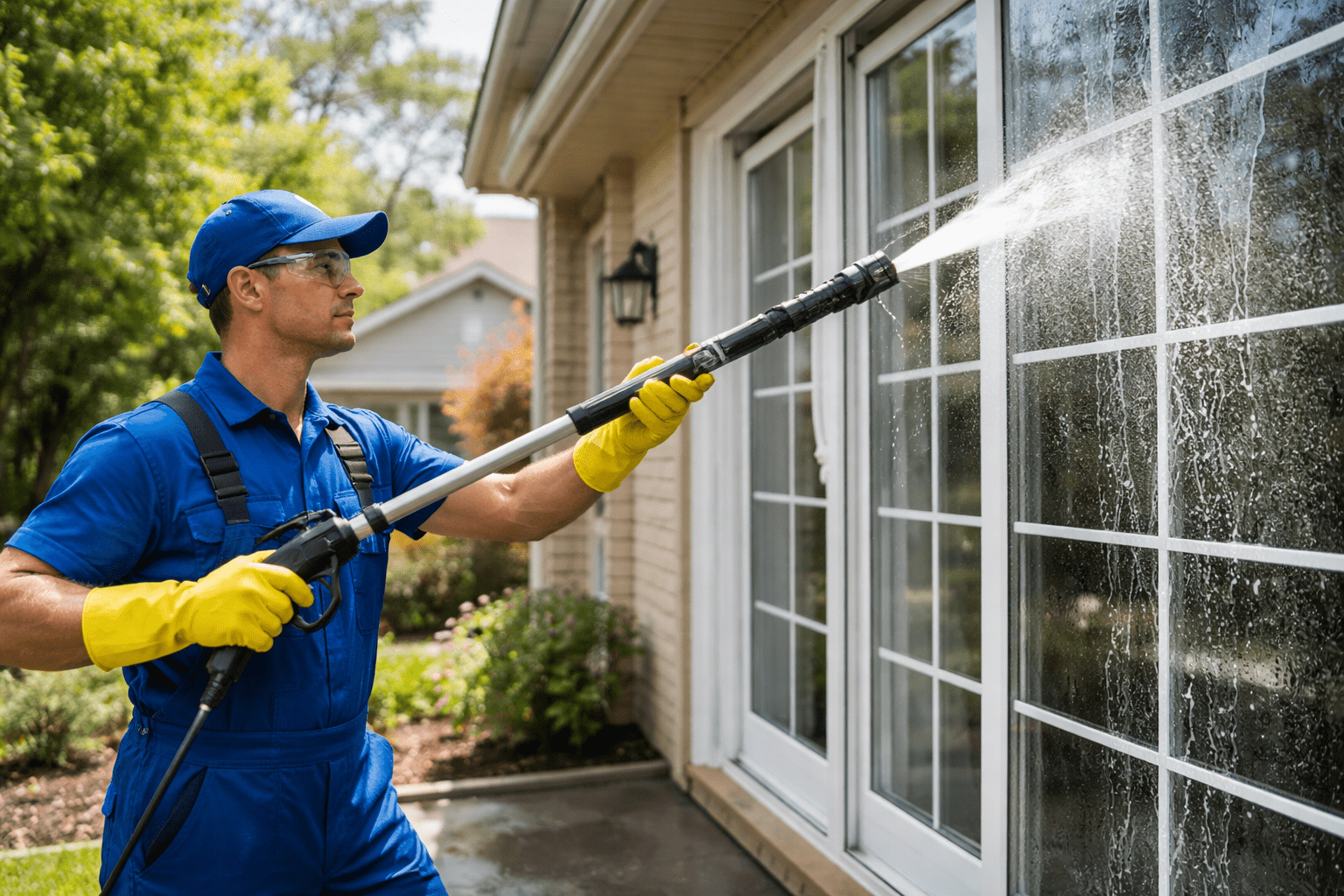 Professional window cleaning with a power washer at a suburban West Chester, Ohio home, removing dirt and algae safely.