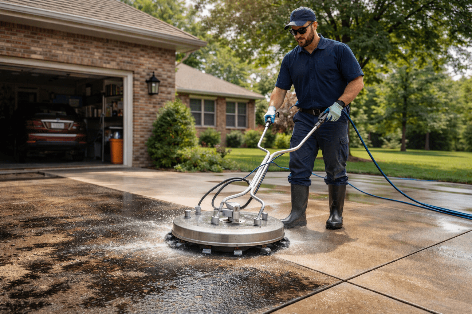 Professional driveway pressure washing removing oil, mold, and stains