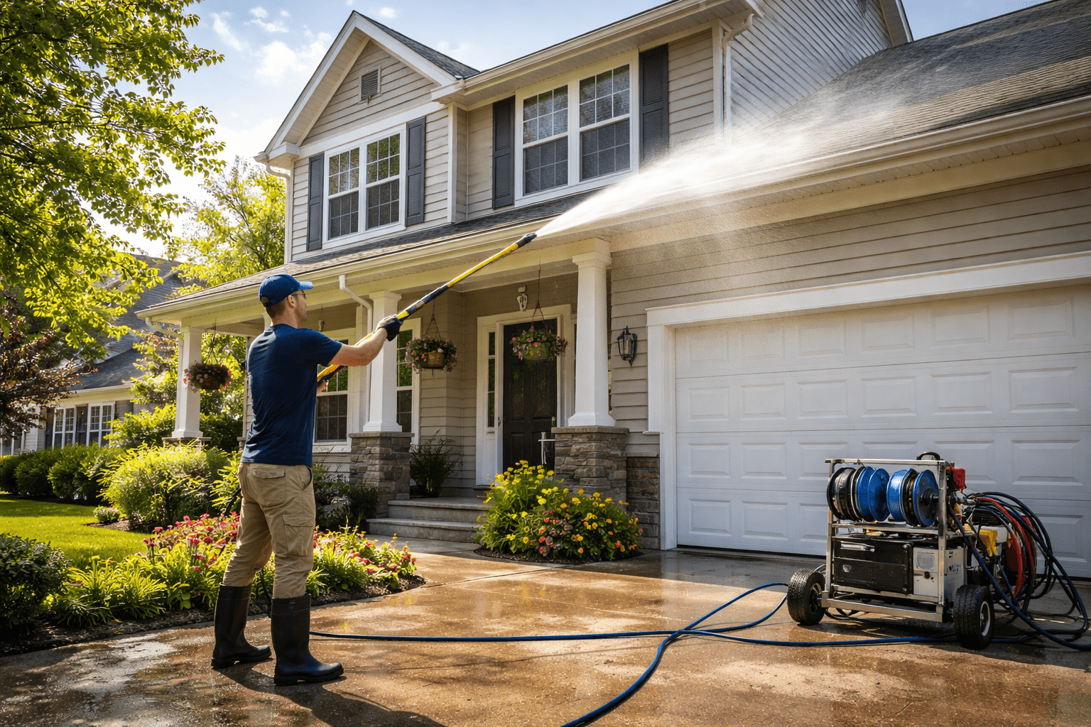 Professional pressure washing house exterior in West Chester Ohio during optimal season