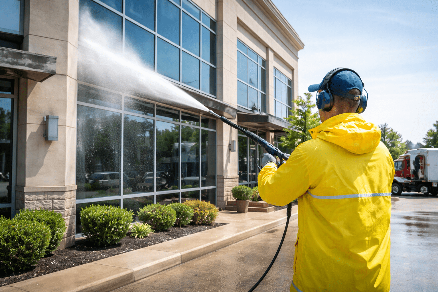 Professional worker performing commercial pressure washing on a West Chester, Ohio office building exterior
