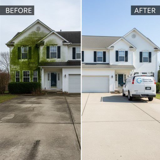 Before and after of professional house washing and driveway cleaning in West Chester, Ohio by Renewing Power Wash van.
