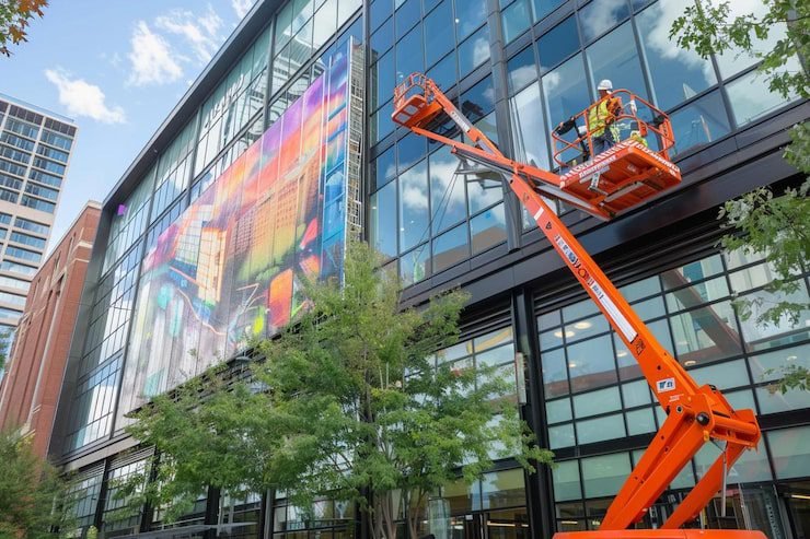 Professional commercial window cleaning in West Chester OH using a boom lift for high-rise office buildings.